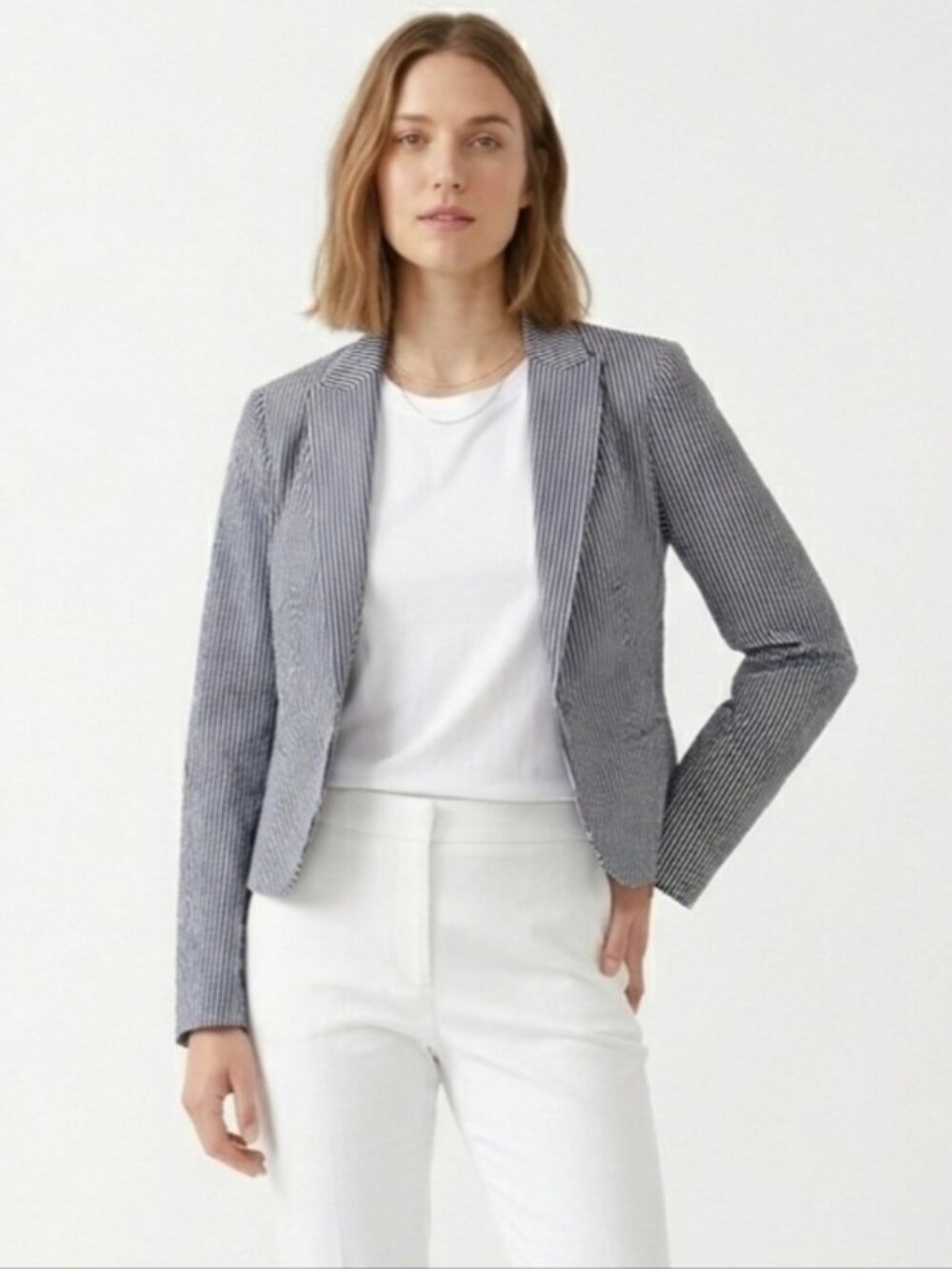 TCEC Striped Cropped Blazer Jacket Womens Size Small Navy Blue White Cotton